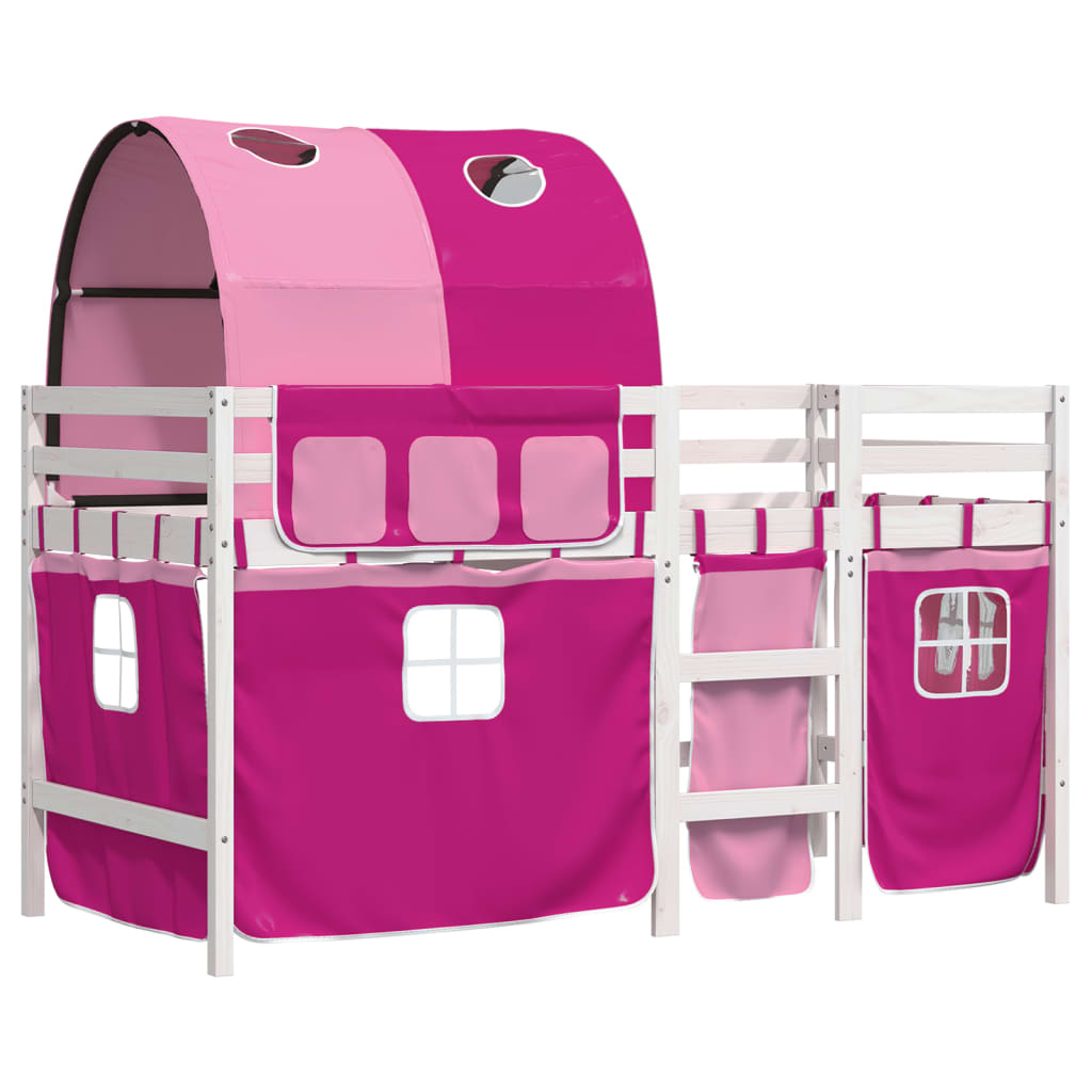 Lit mezzanine enfant avec tunnel rose 90x190 cm en pin massif