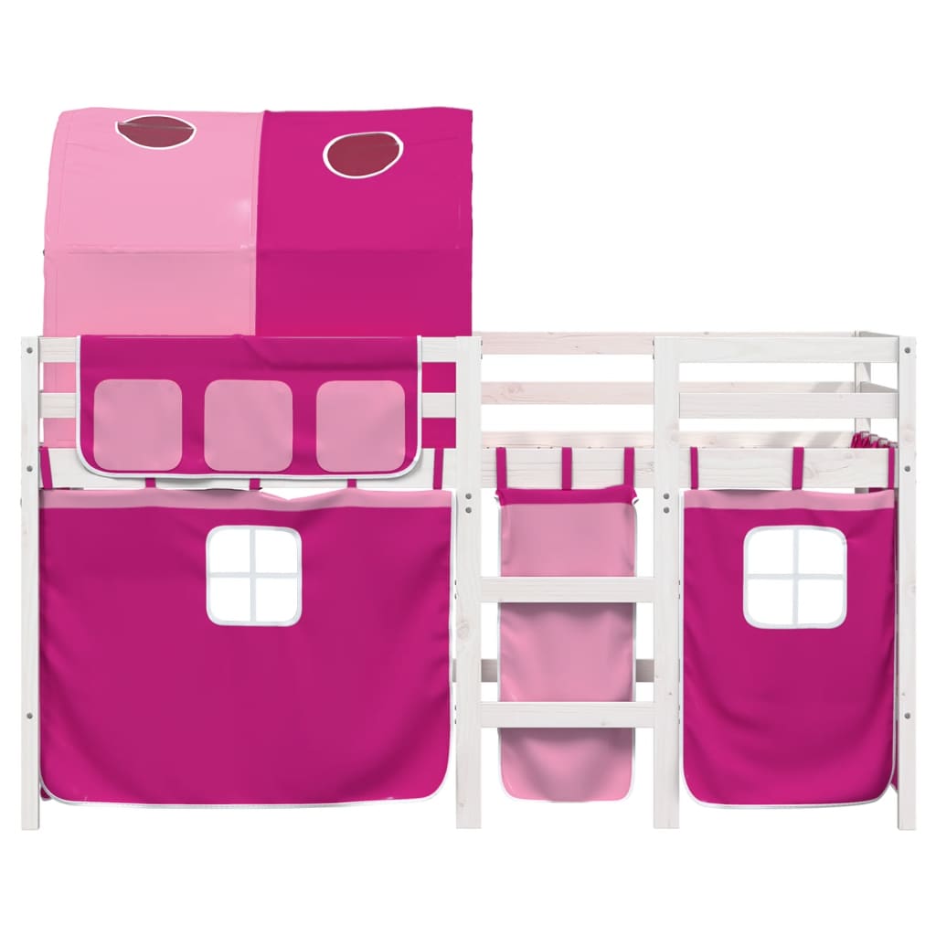 Lit mezzanine enfant avec tunnel rose 90x190 cm en pin massif