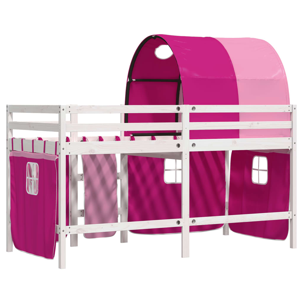 Lit mezzanine enfant avec tunnel rose 90x190 cm en pin massif