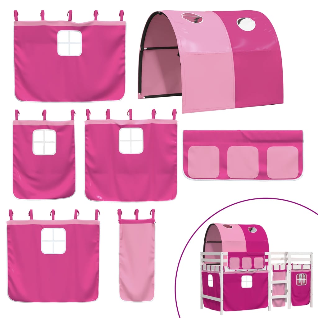 Lit mezzanine enfant avec tunnel rose 90x190 cm en pin massif