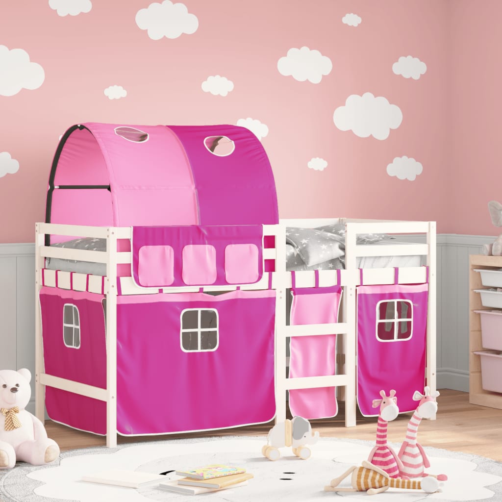 Lit mezzanine enfant avec tunnel rose 90x190 cm en pin massif