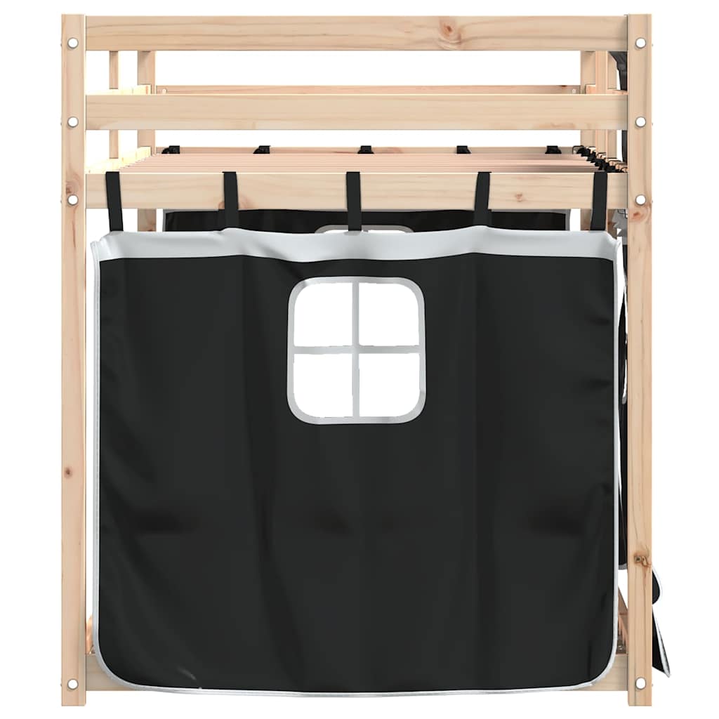 Etagenbett mit Vorhängen Weiß Schwarz 90x200 cm Kiefernholz