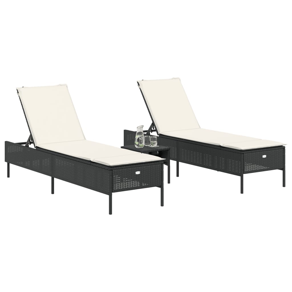 3-piece sun lounger set with cushion, black poly rattan