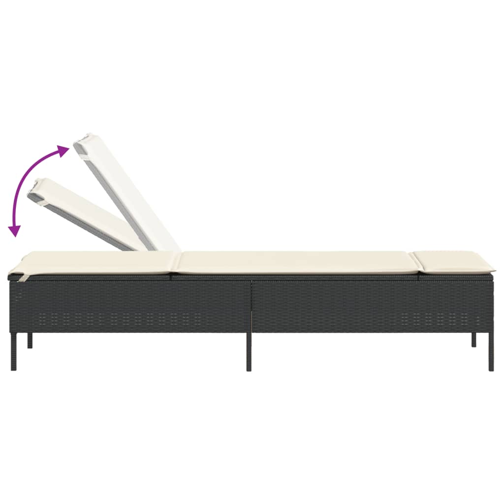 3-piece sun lounger set with cushion, black poly rattan