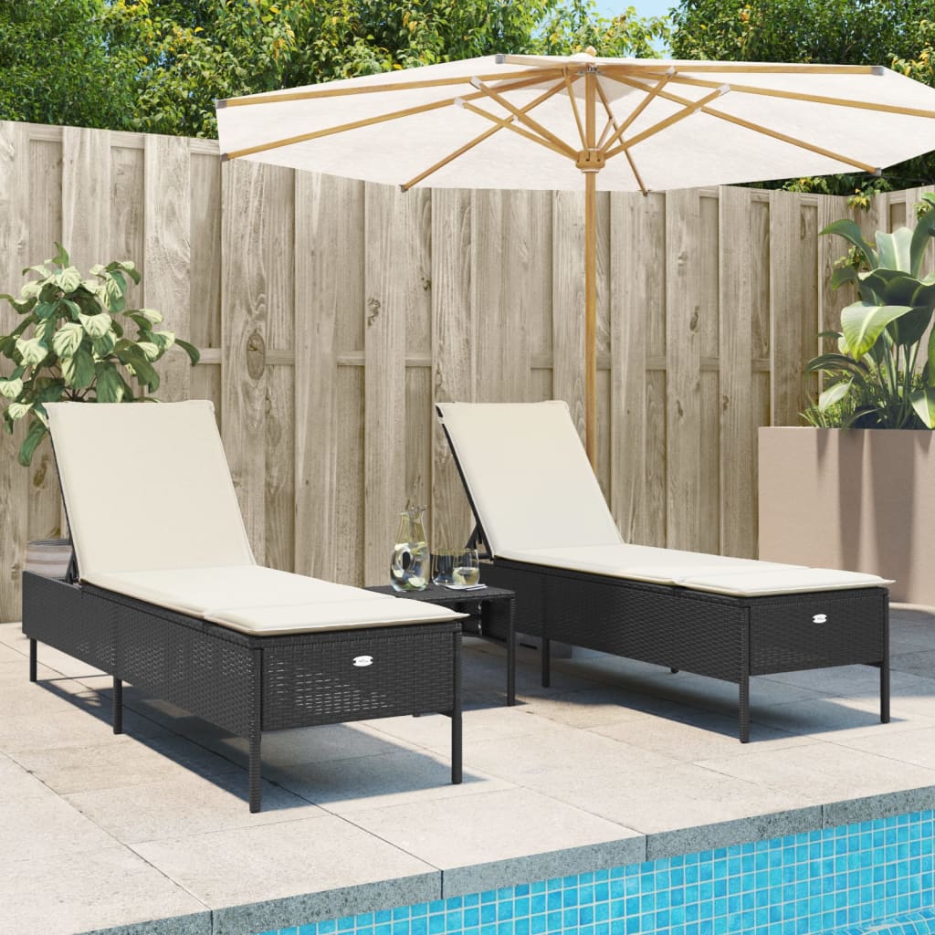 3-piece sun lounger set with cushion, black poly rattan