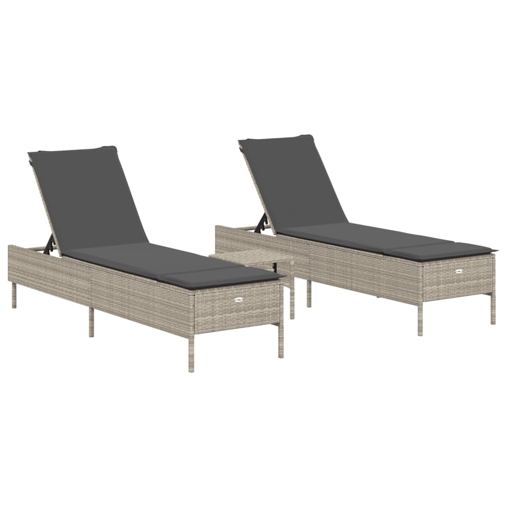 3-piece sun lounger set with cushion, light grey poly rattan