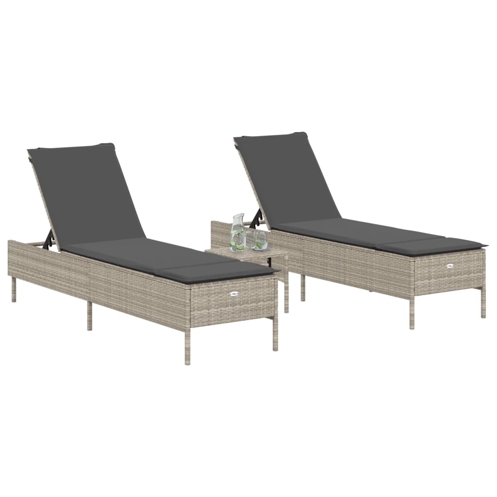 3-piece sun lounger set with cushion, light grey poly rattan