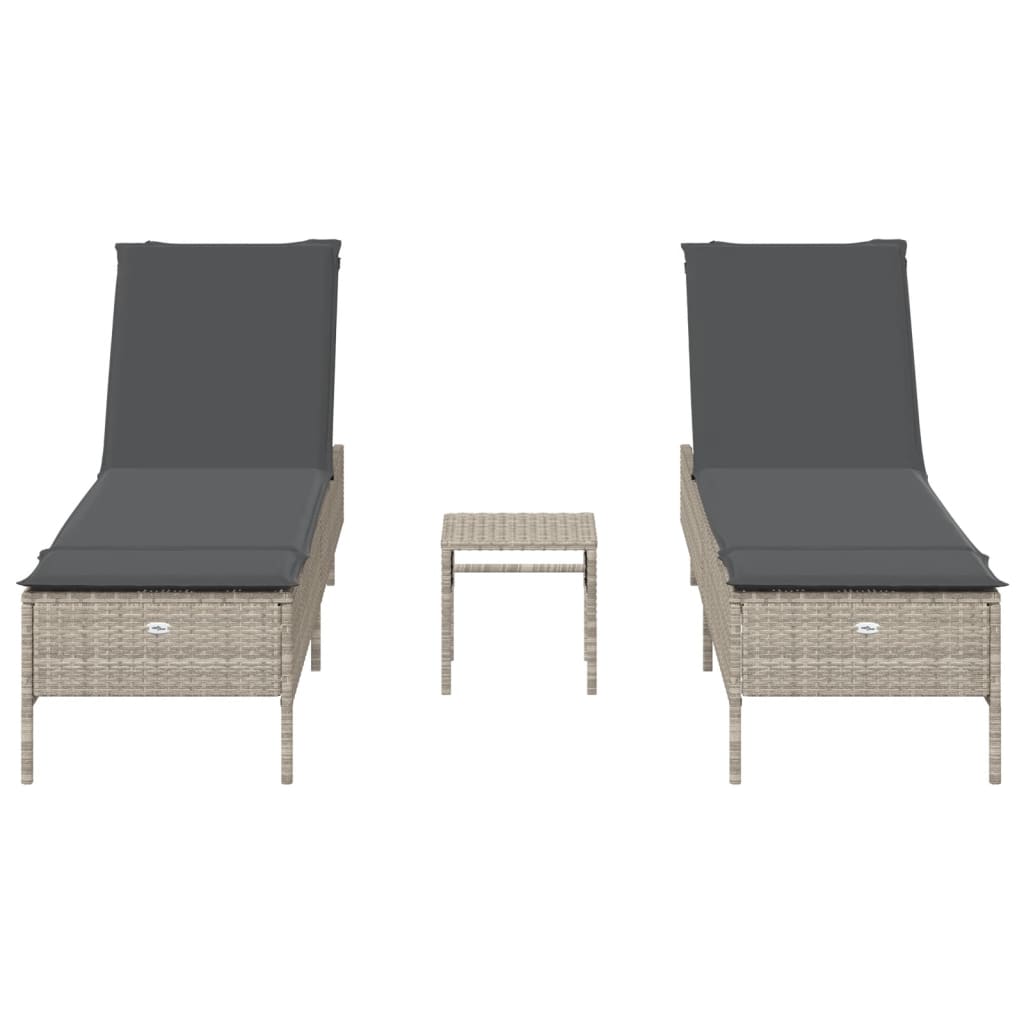 3-piece sun lounger set with cushion, light grey poly rattan