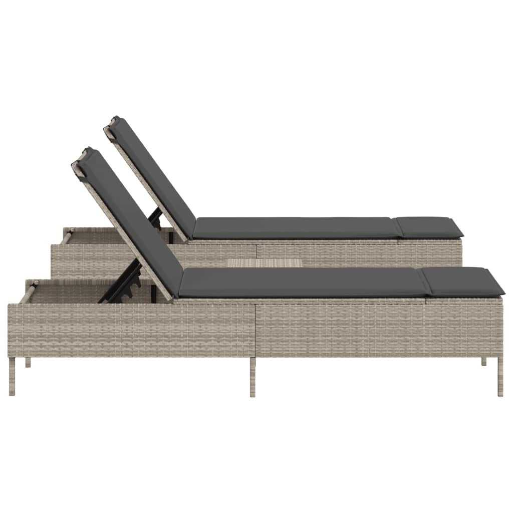 3-piece sun lounger set with cushion, light grey poly rattan