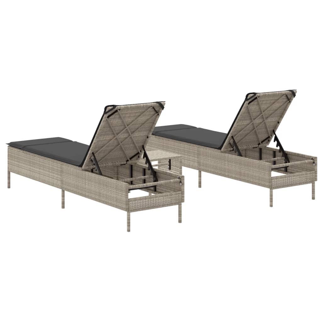 3-piece sun lounger set with cushion, light grey poly rattan