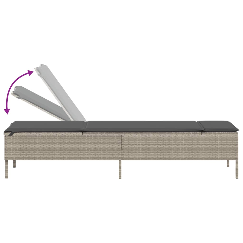 3-piece sun lounger set with cushion, light grey poly rattan