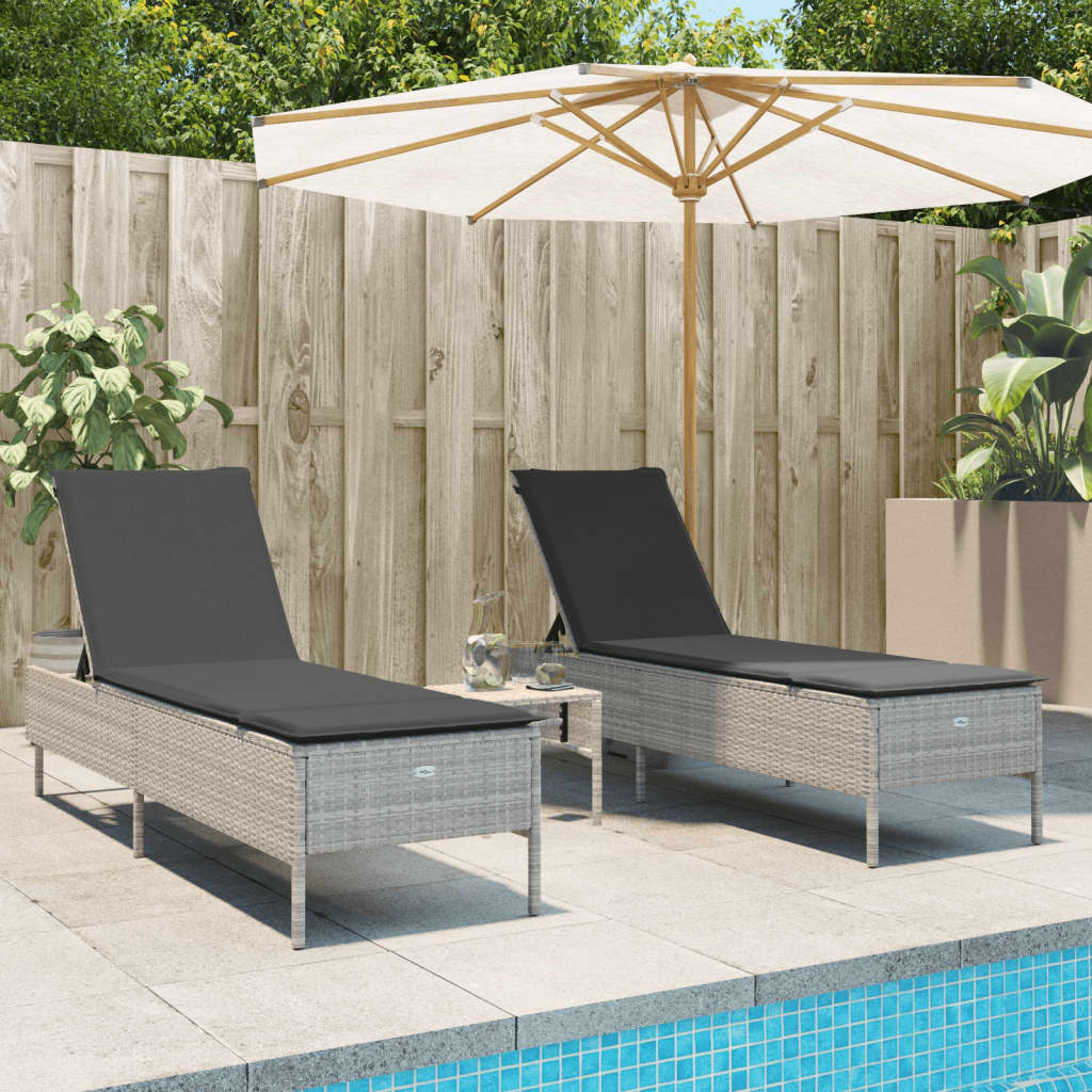 3-piece sun lounger set with cushion, light grey poly rattan