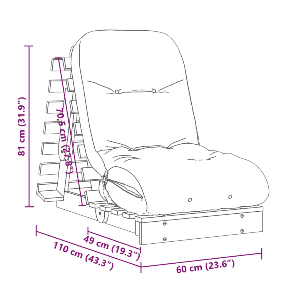 Canapé-lit futon avec matelas 60x206x11 cm en bois de pin massif