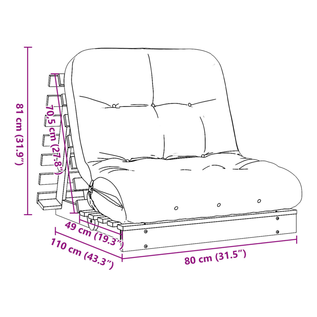 Futon Schlafsofa mit Matratze 80x206x11 Kiefernholz Imprägniert