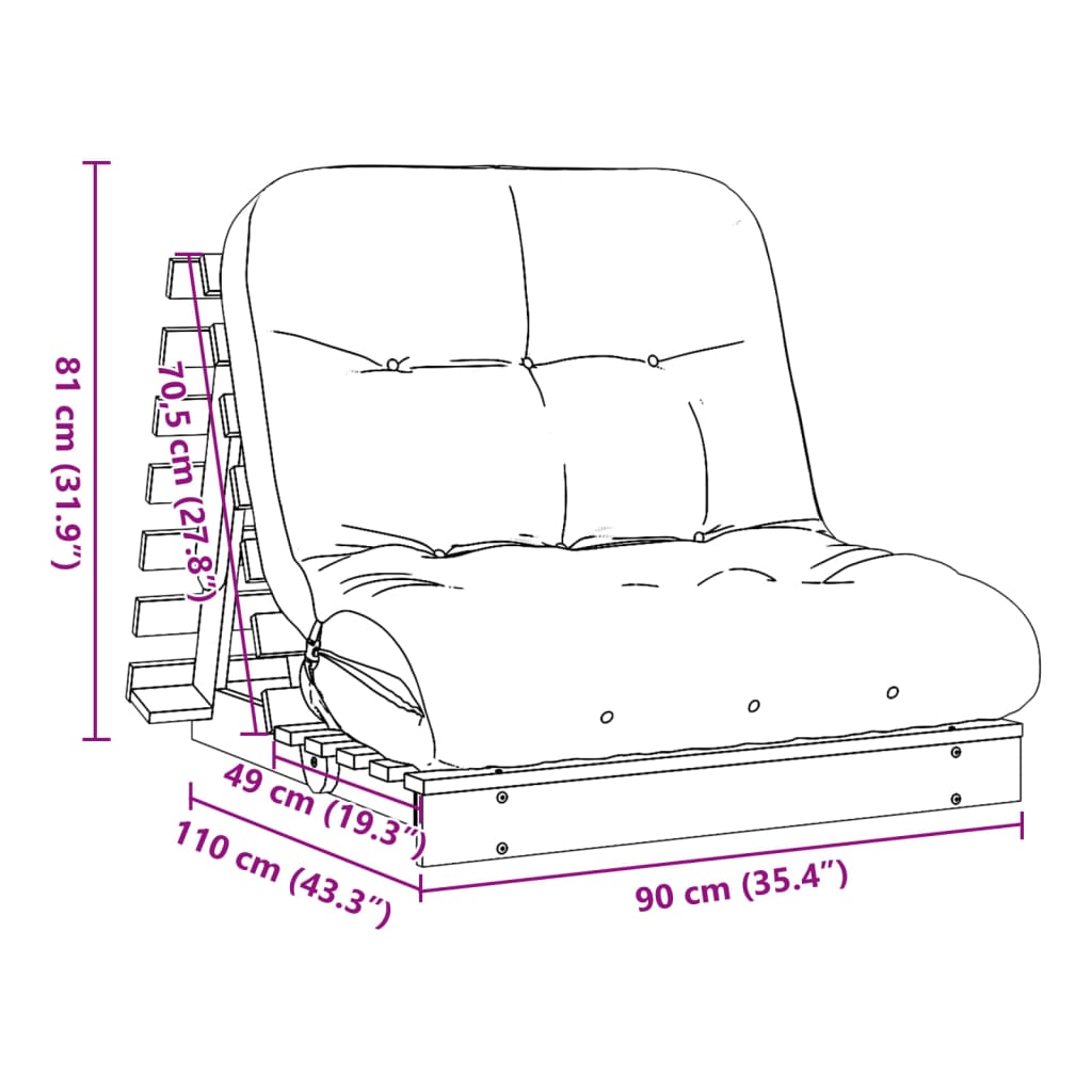 Futon Schlafsofa mit Matratze Weiß 90x206x11 Massivholz Kiefer