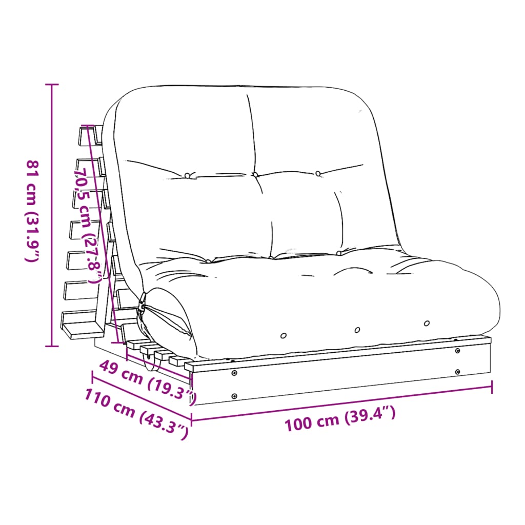 Canapé lit futon avec matelas 100x206x11 cm en bois de pin massif