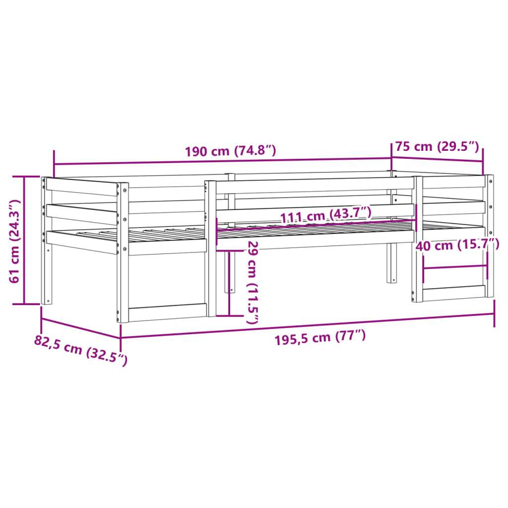 Lit enfant 75x190 cm en pin massif