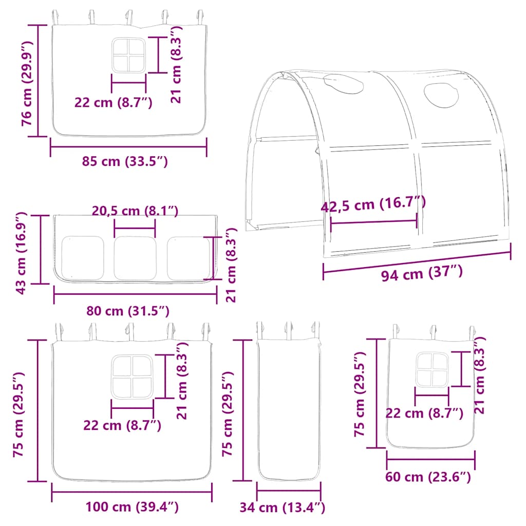 Etagenbett mit Rutsche und Gardinen Weiß und Schwarz 90x200 cm