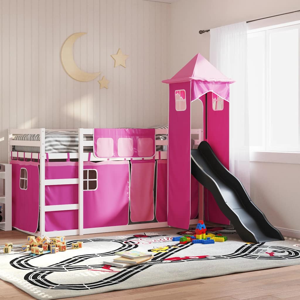 Etagenbett mit Rutsche und Gardinen Rosa 90x200 cm
