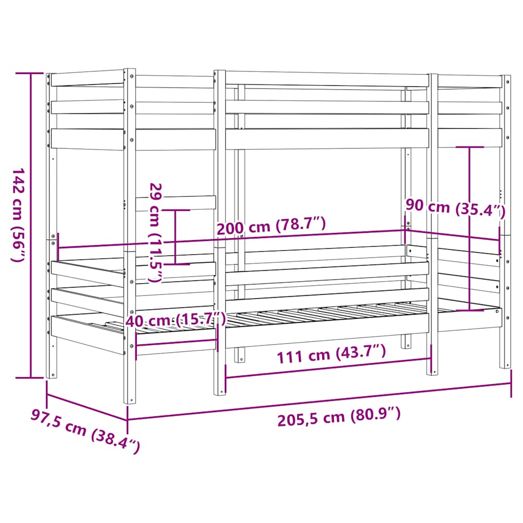 Etagenbett Wachsbraun 90x200 cm Massivholz Kiefer