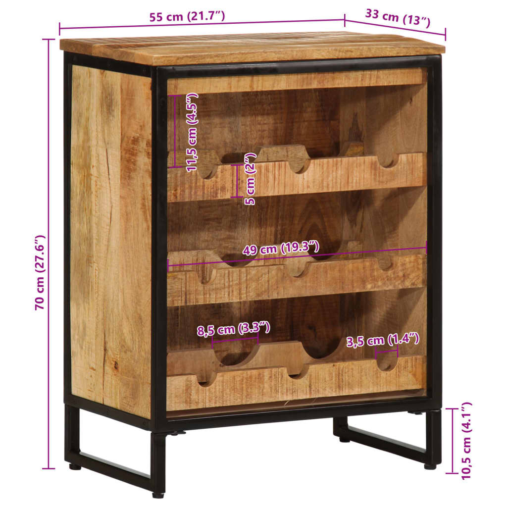 Casier à vin pour 9 bouteilles 55x33x70 cm en bois de manguier massif