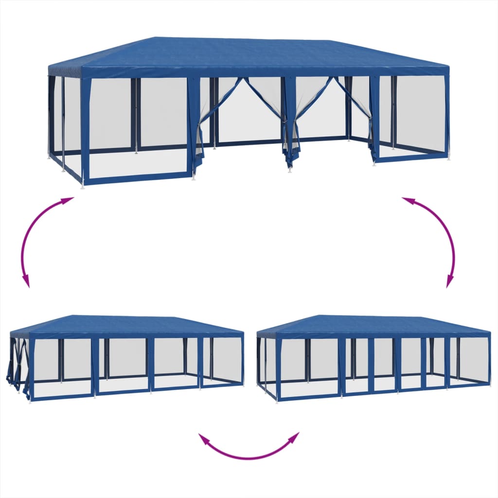 Tente de fête avec 12 panneaux latéraux en maille bleu 8x4 m HDPE