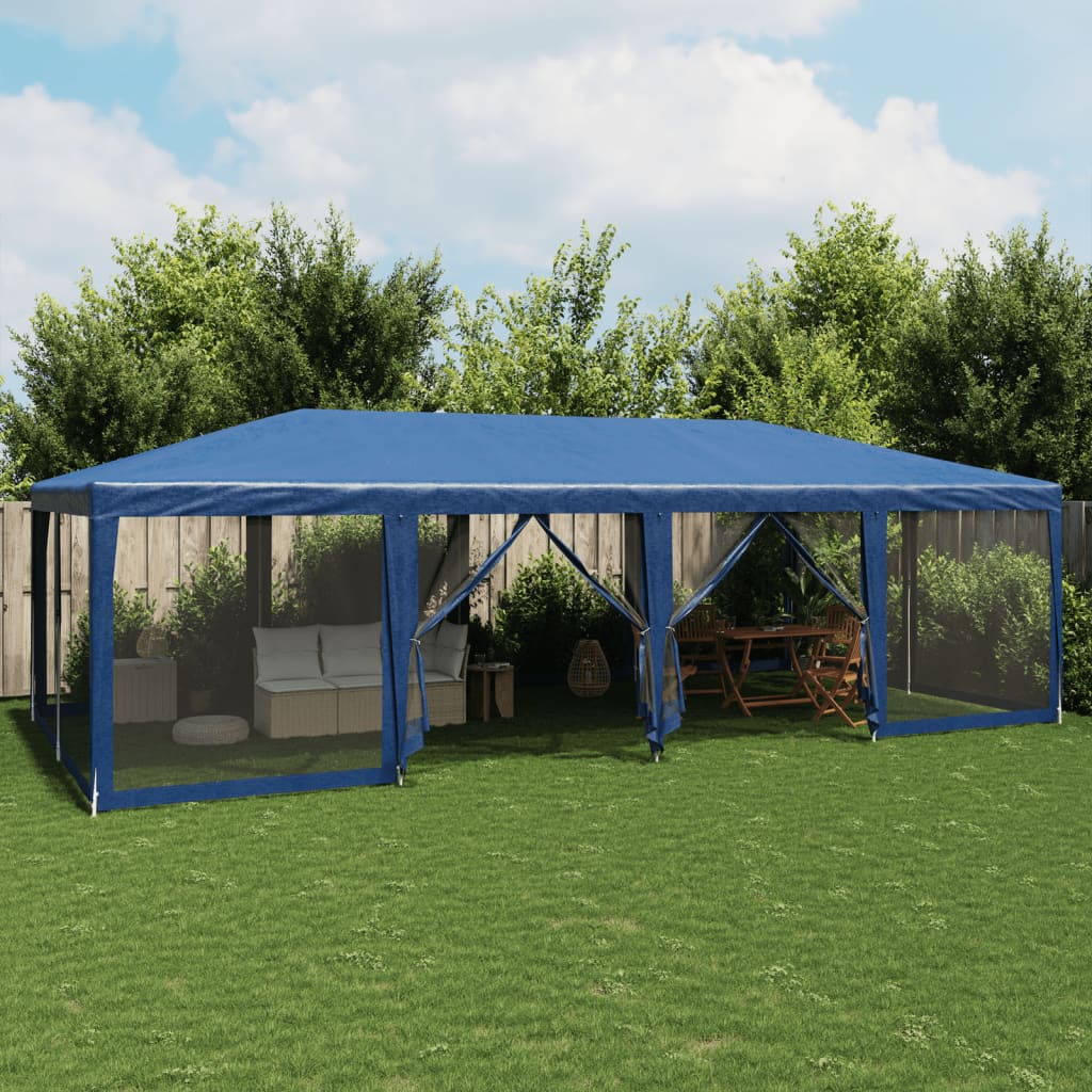 Tente de fête avec 12 panneaux latéraux en maille bleu 8x4 m HDPE