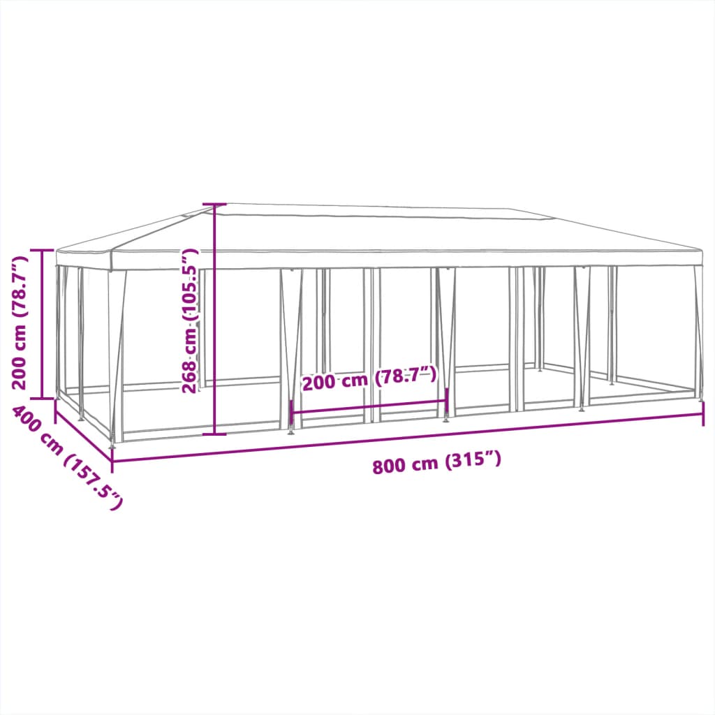 Tente de fête avec 12 panneaux latéraux grillagés rouge 8x4 m HDPE