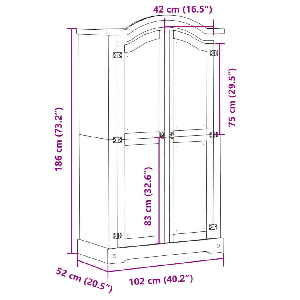 Armoire Corona 102x52x186 cm en bois de pin massif