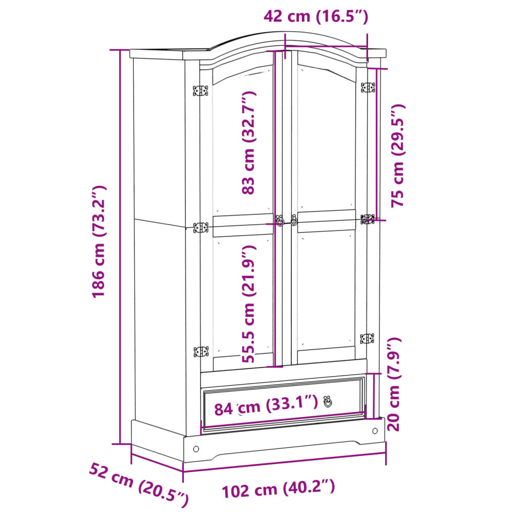 Armoire Corona 102x52x186 cm en bois de pin massif