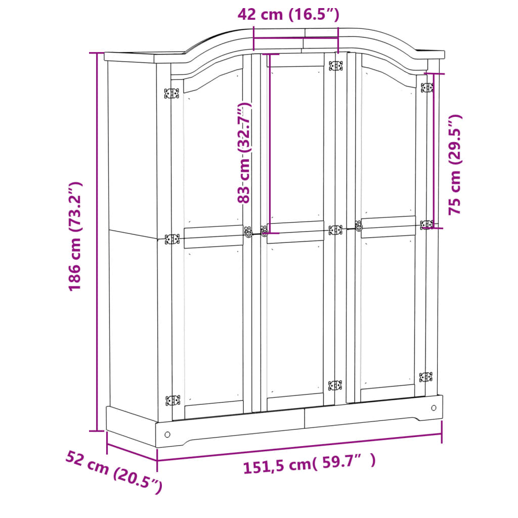 Armoire Corona 151,5x52x186 cm en bois de pin massif