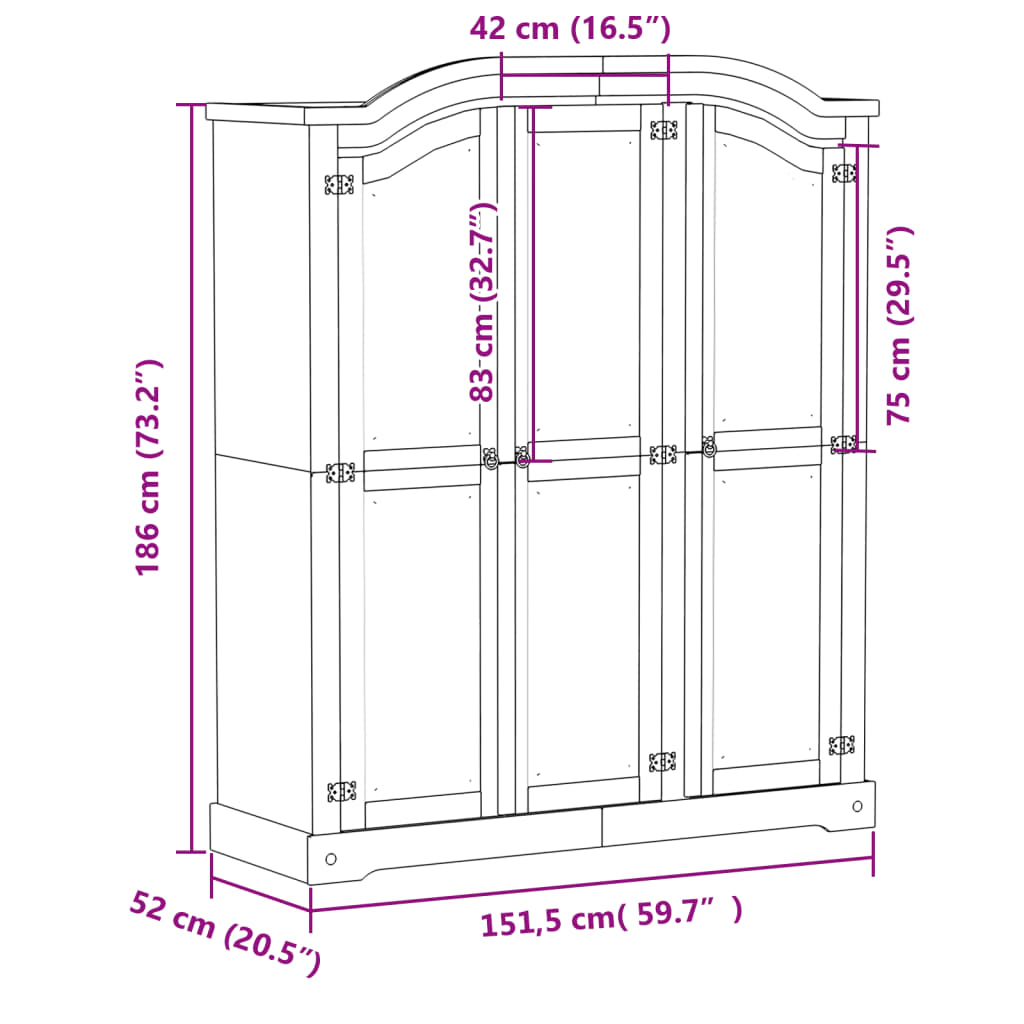 Armoire Corona Blanc 151,5x52x186 cm en bois de pin massif