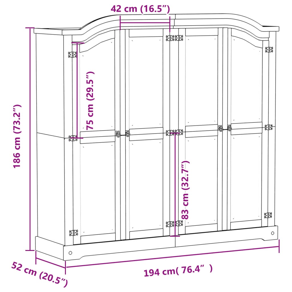 Armoire Corona 194x52x186 cm en bois de pin massif