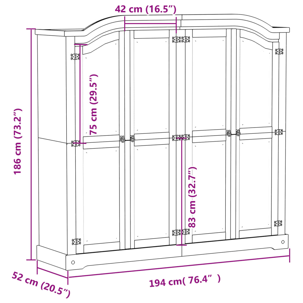 Armoire Corona Blanc 194x52x186 cm bois de pin massif