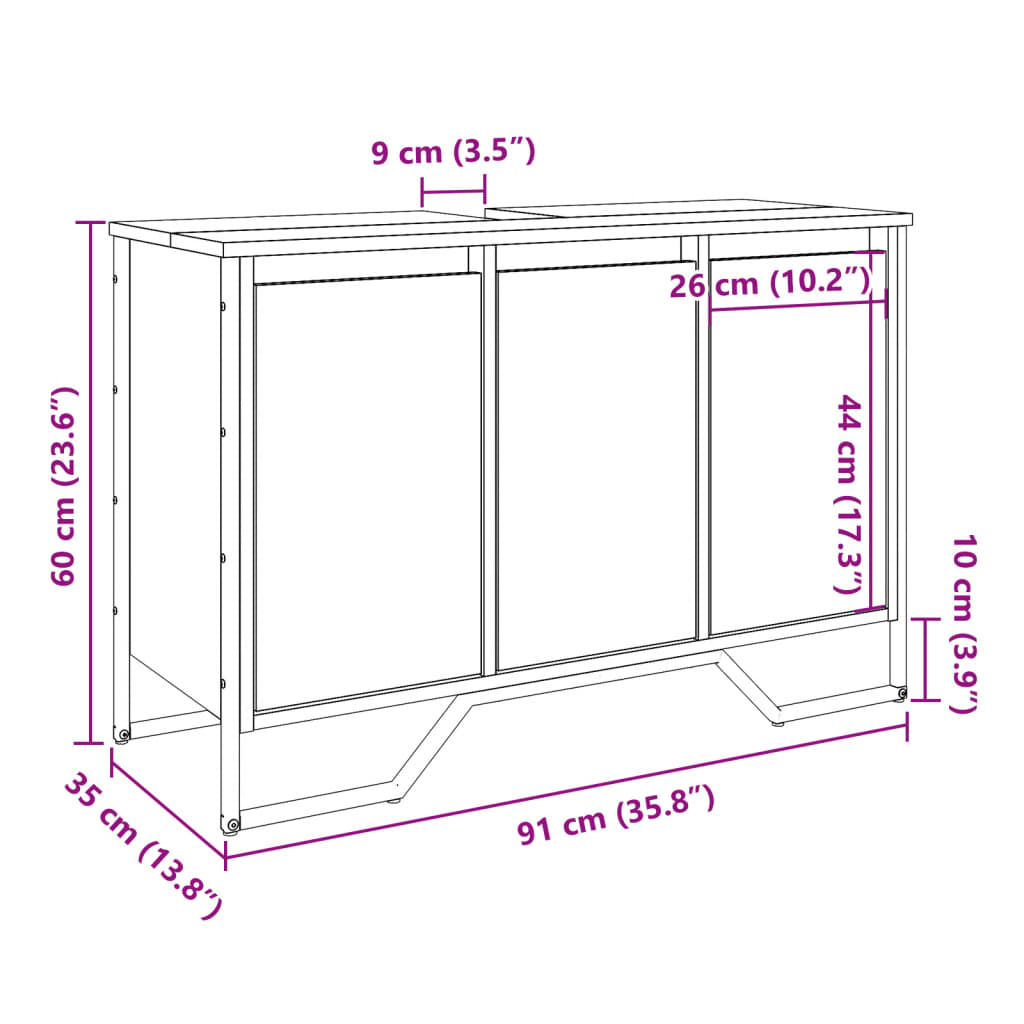 Meuble sous évier chêne fumé 91x35x60 cm en bois