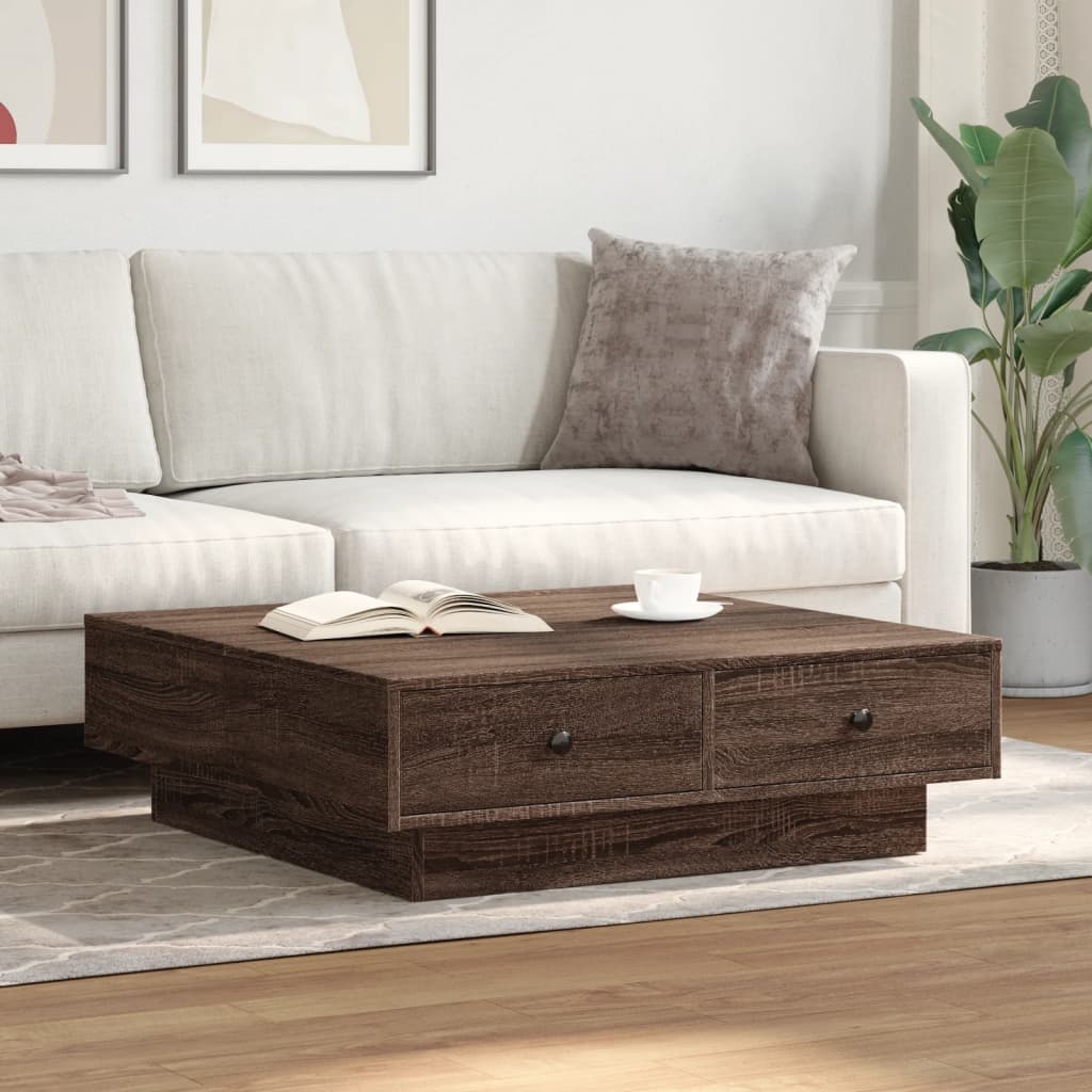 Table basse aspect chêne marron 90x90x28 cm en bois