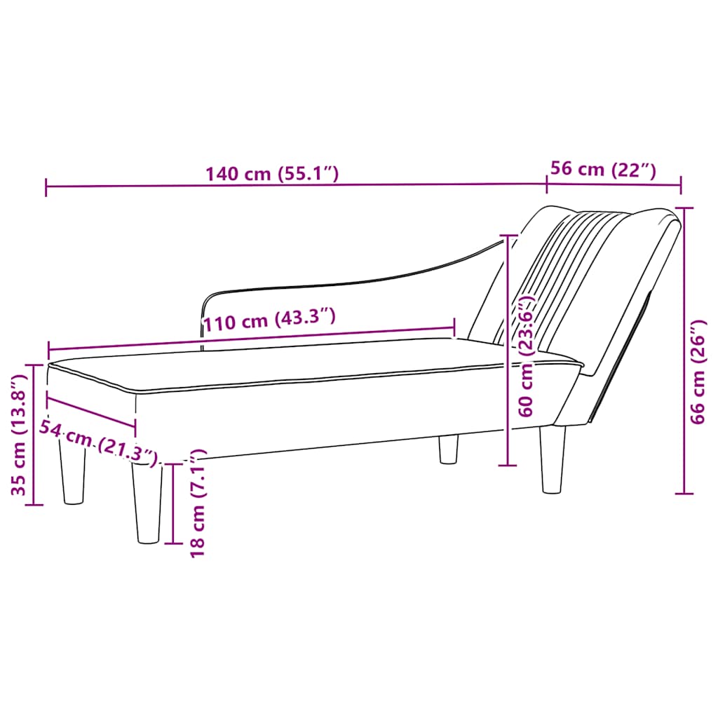 Chaiselongue mit Rechter Armlehne Creme Samt