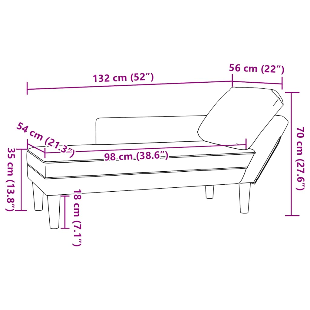 Chaiselongue mit Kissen und Rechter Armlehne Creme Samt