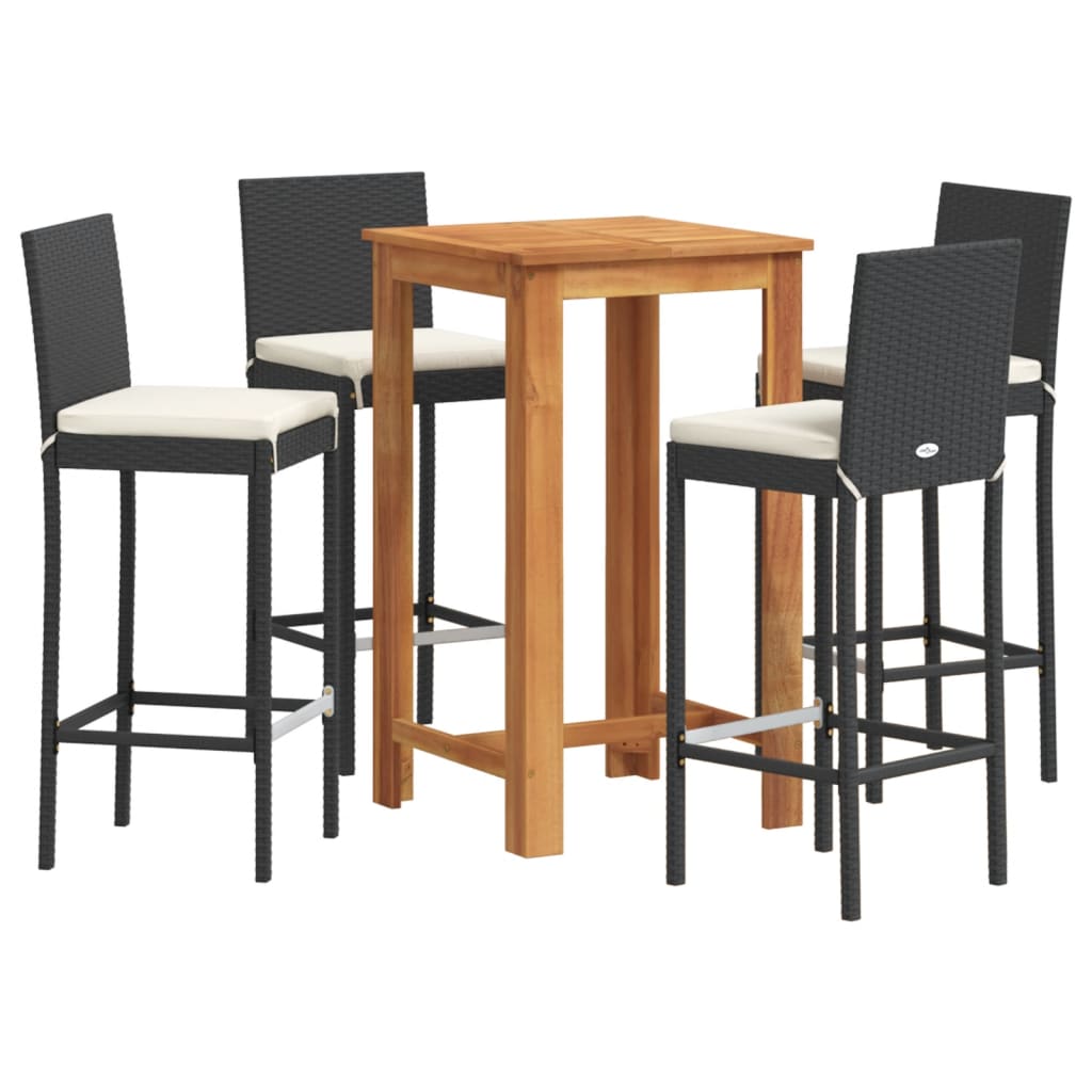 Ensemble de bar de jardin 5 pièces en bois d'acacia massif noir et polyrotin
