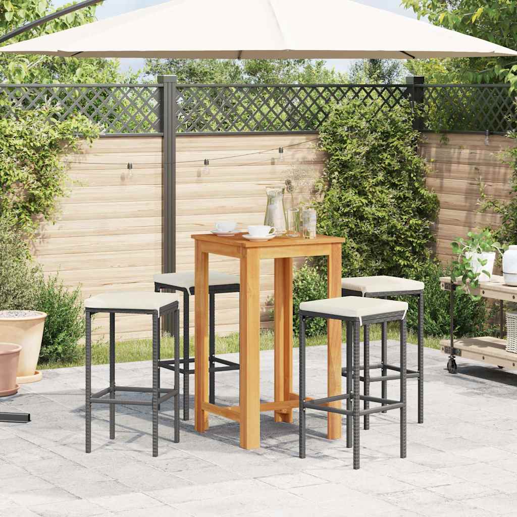 5-tlg. Gartenbar-Set Schwarz Massivholz Akazie und Poly Rattan