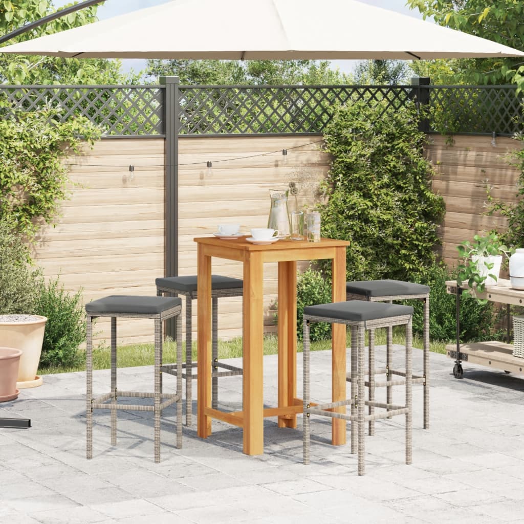 5-piece garden bar set made of grey solid acacia wood and poly rattan