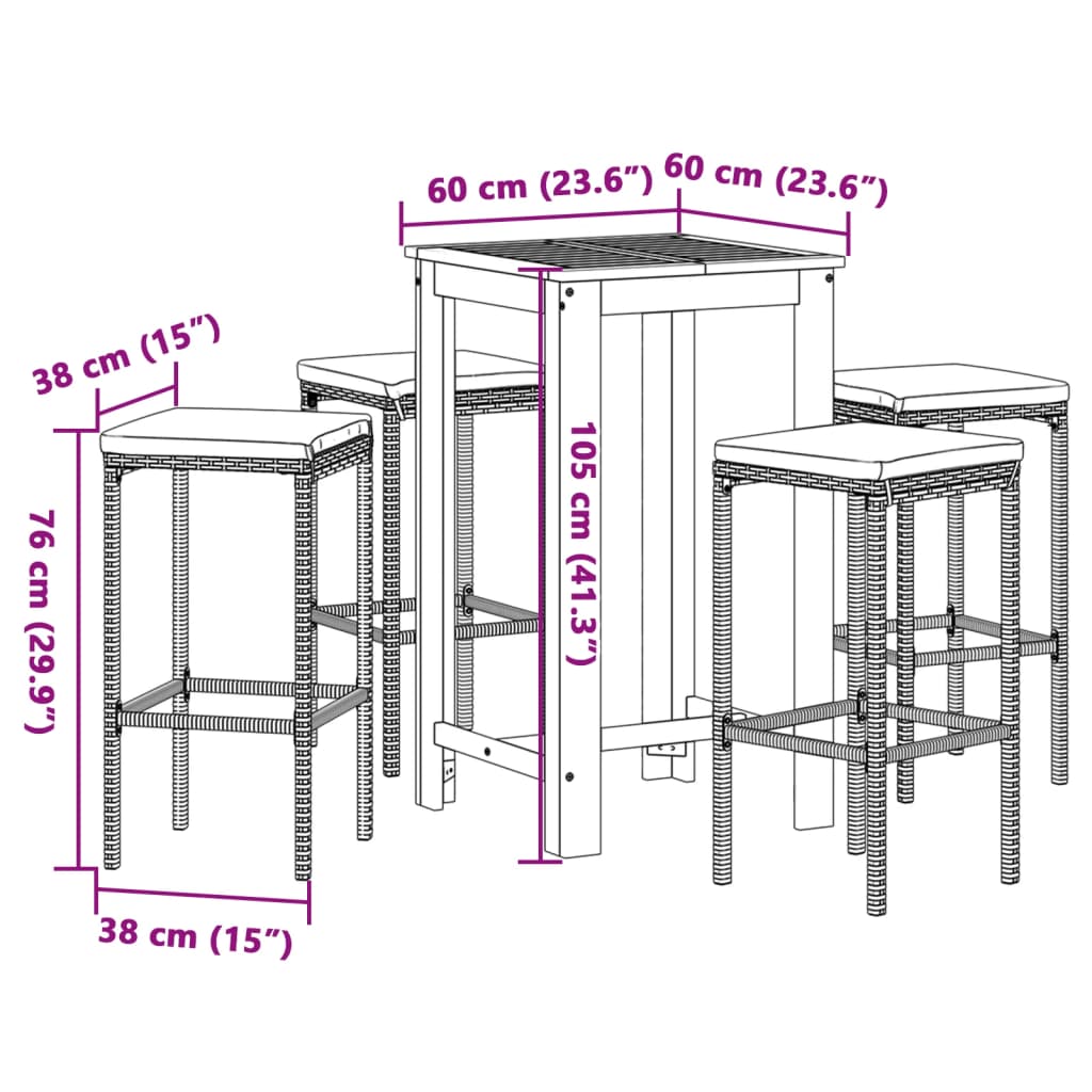5-piece garden bar set made of grey solid acacia wood and poly rattan