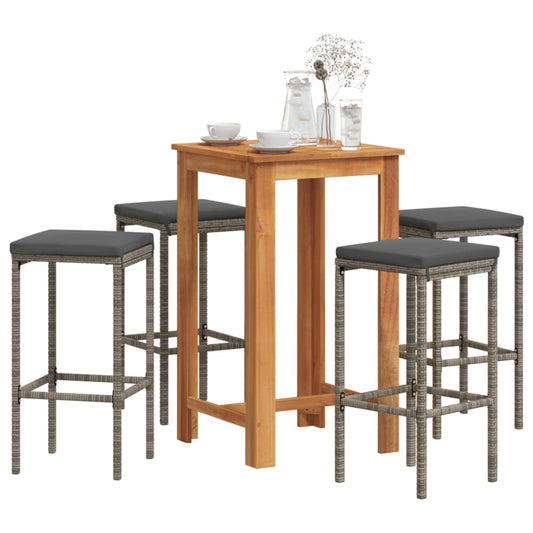 5-piece garden bar set made of grey solid acacia wood and poly rattan