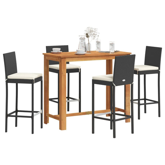 Ensemble de bar de jardin 5 pièces en bois d'acacia massif noir et polyrotin