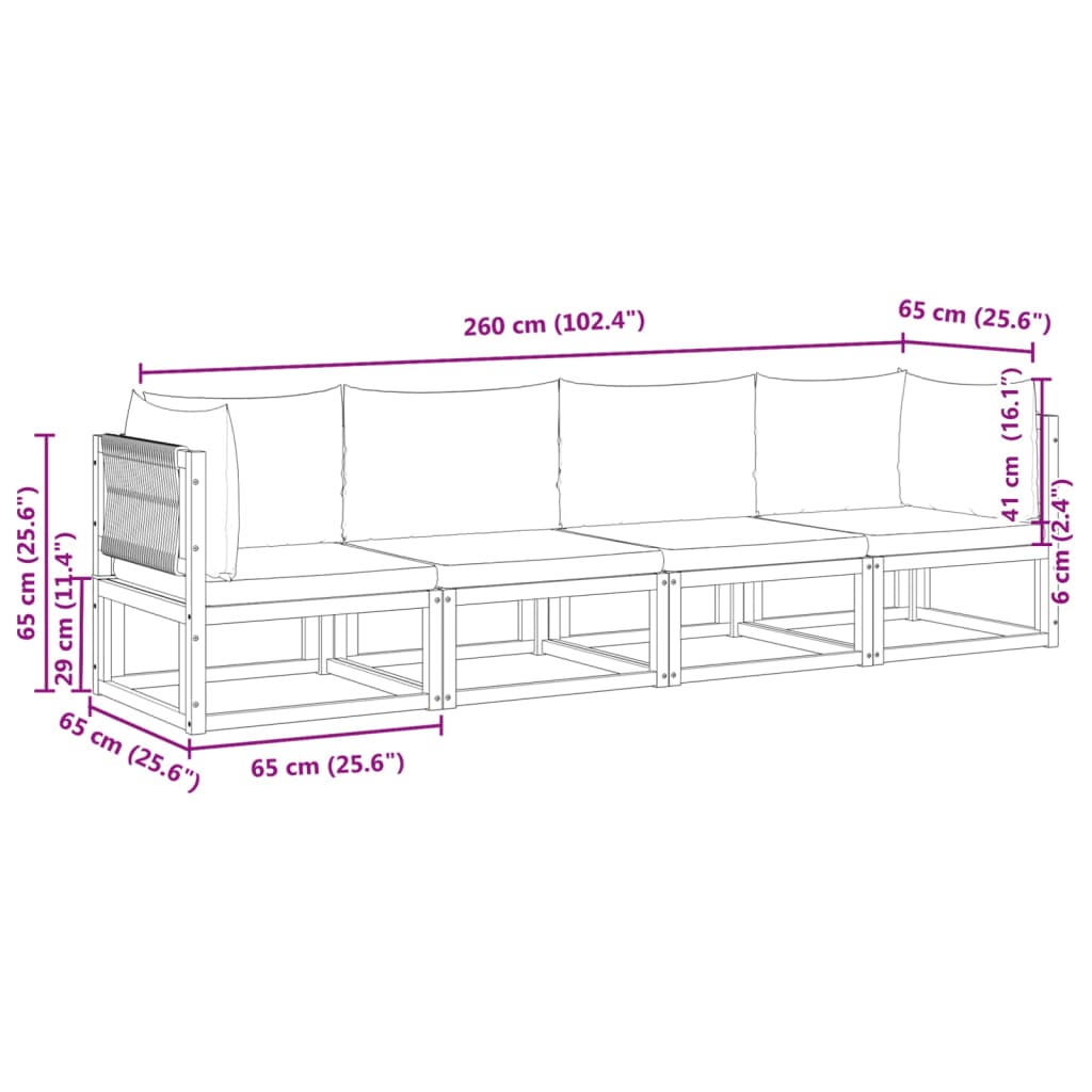 4-piece garden sofa set with cushions made of solid acacia wood