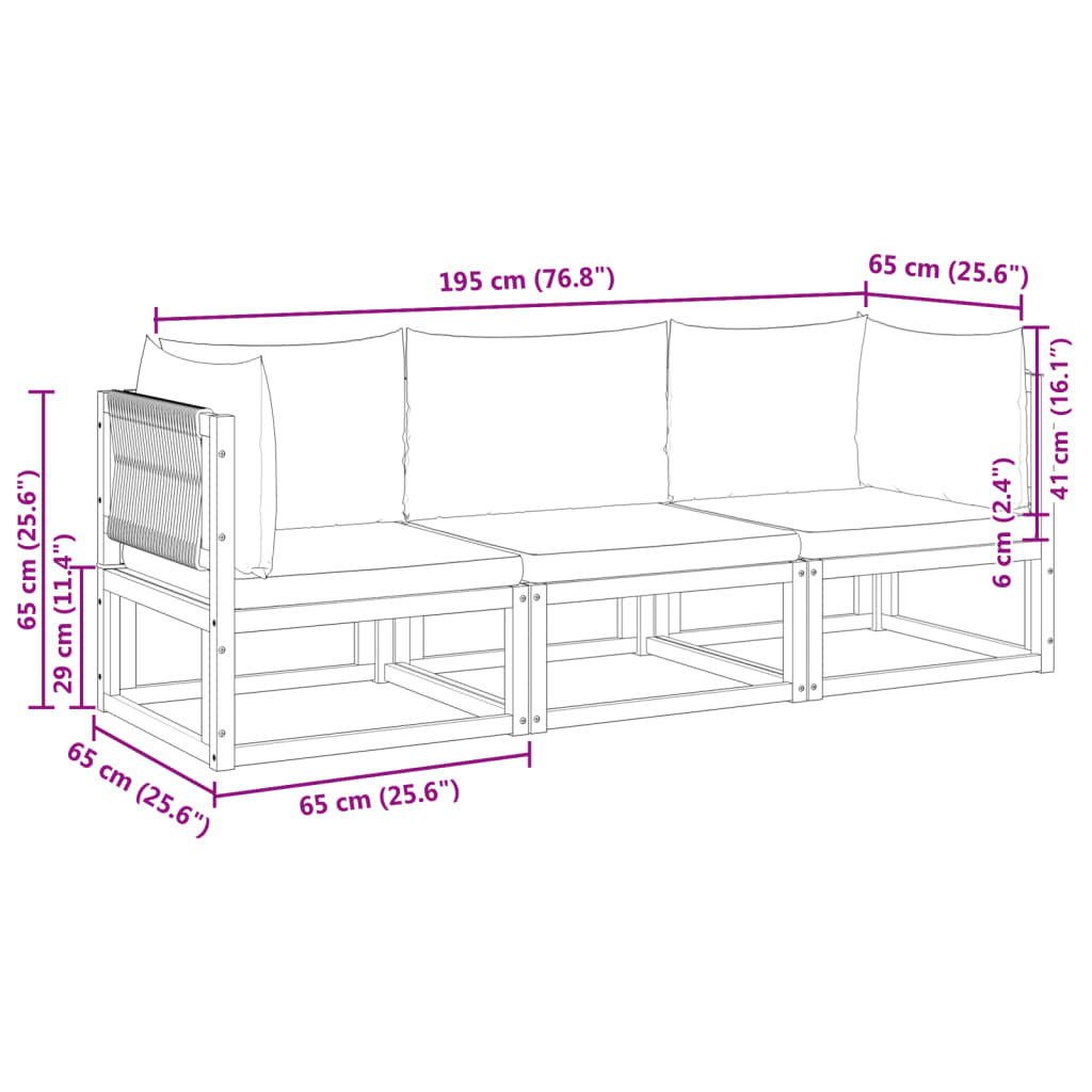 3-piece garden sofa set with cushions solid acacia wood