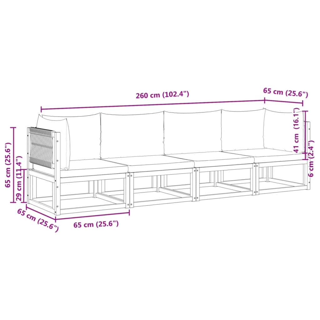 4-piece garden sofa set with cushions made of solid acacia wood