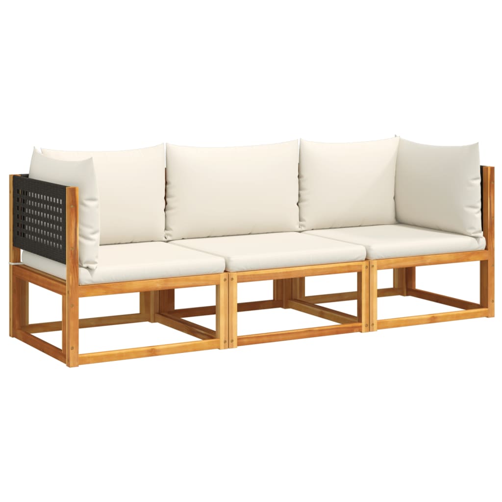 3 pièces. Ensemble de canapé de jardin avec coussins en bois d'acacia massif