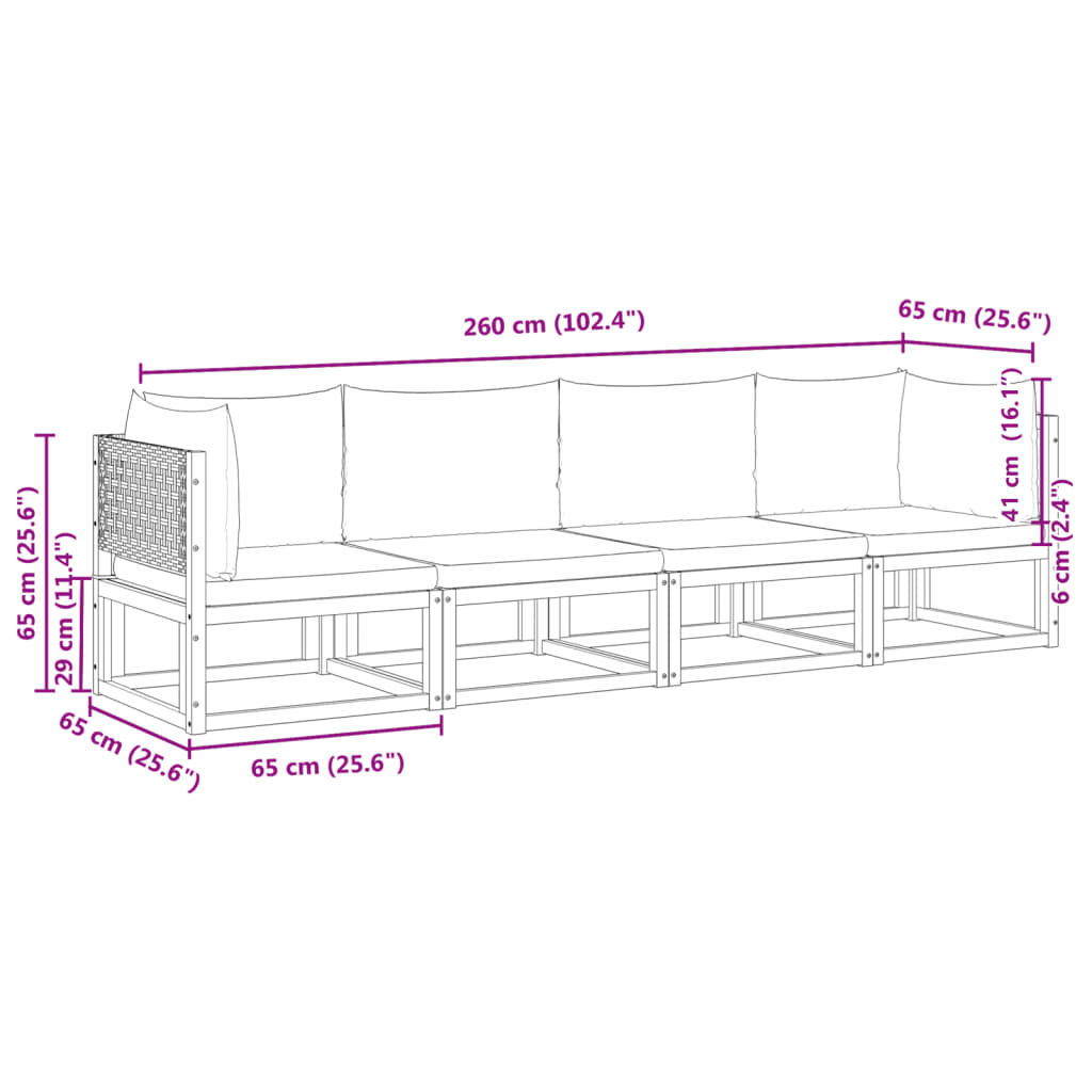 4-piece garden sofa set with cushions made of solid acacia wood