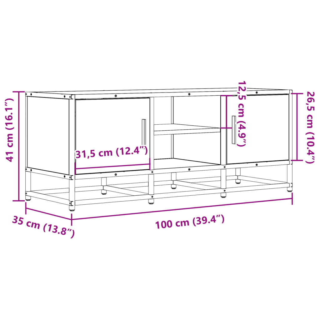 Meuble TV chêne Sonoma 100x35x50 cm en bois et métal